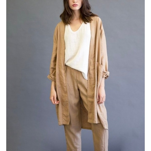 IT IS WELL LA Linen Duster Cardigan Women Small Tan Open Casual Jacket Lagenlook - Picture 2 of 15